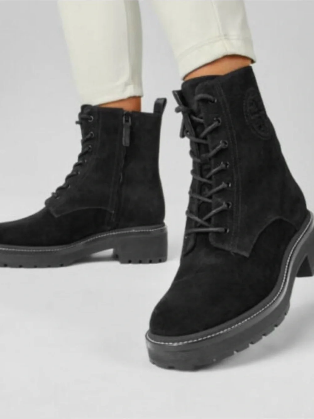 Tory Burch Miller Black Suede Lug Sole Combat Boots - Size 7.5